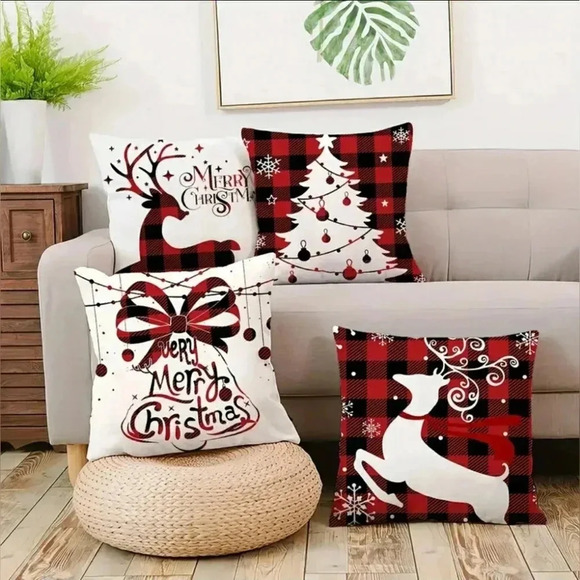 Christmas Red Buffalo Plaid Farm Cottage Holiday Accent Pillow Covers Set Of 4 - Picture 2 of 6